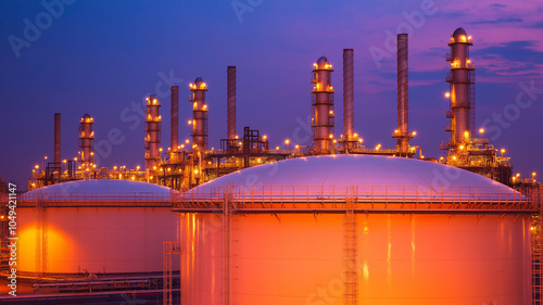 Industrial gas storage tanks illuminated at dusk, showcasing vibrant skyline photo