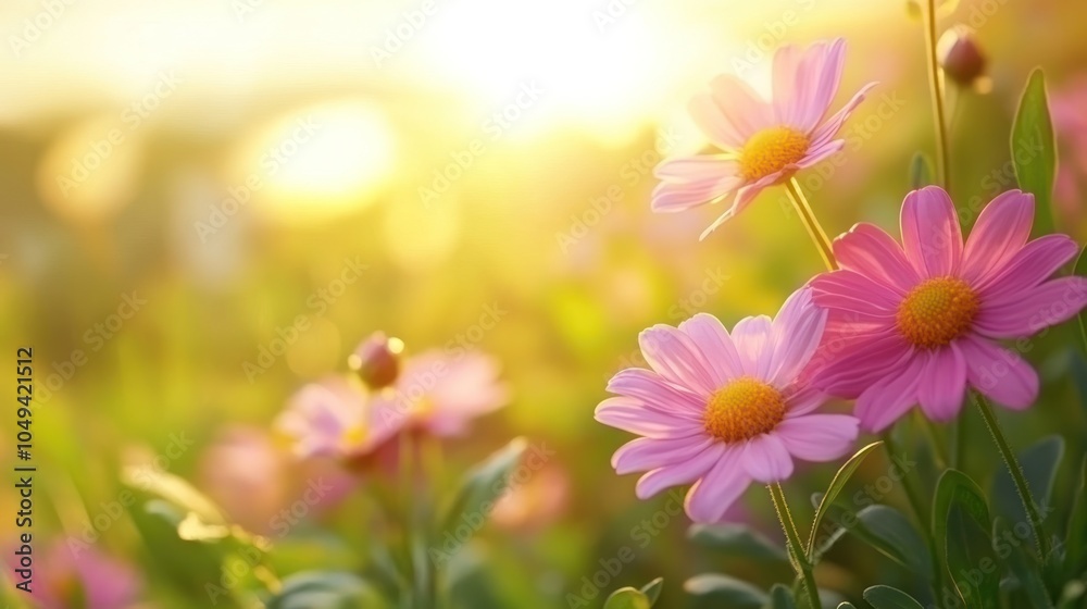 A serene scene of pink flowers illuminated by sunlight in a natural setting. A serene scene of pink flowers illuminated by sunlight in a natural setting.