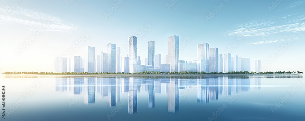 Fototapeta premium A modern city skyline reflects on tranquil waters under a clear blue sky, showcasing sleek architecture and a serene environment.