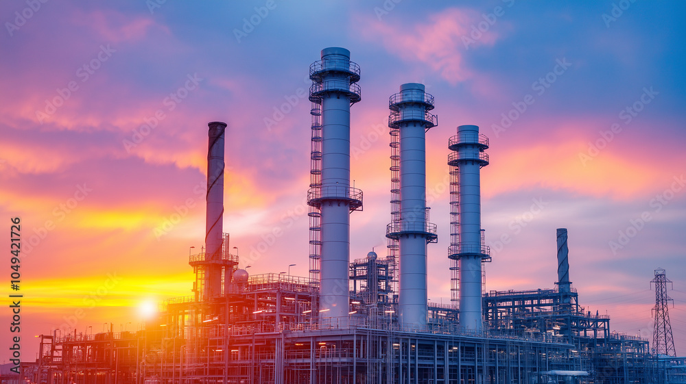 Fototapeta premium Industrial power plant at sunset with vibrant colors and smokestacks
