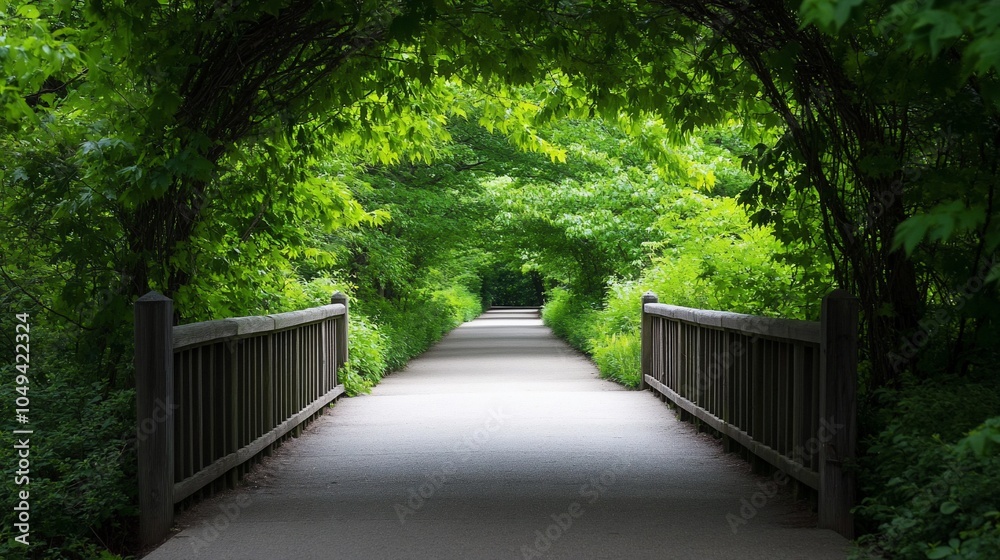 A pathway lined with lush greenery creates a tunnel-like effect, inviting viewers to explore the unknown. A pathway lined with lush greenery creates a tunnel-like effect, inviting viewers to explore the unknown.