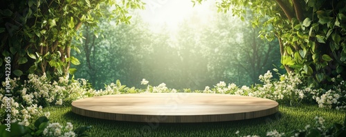 A serene forest glade with a wooden platform surrounded by lush greenery and sunlight filtering through trees.