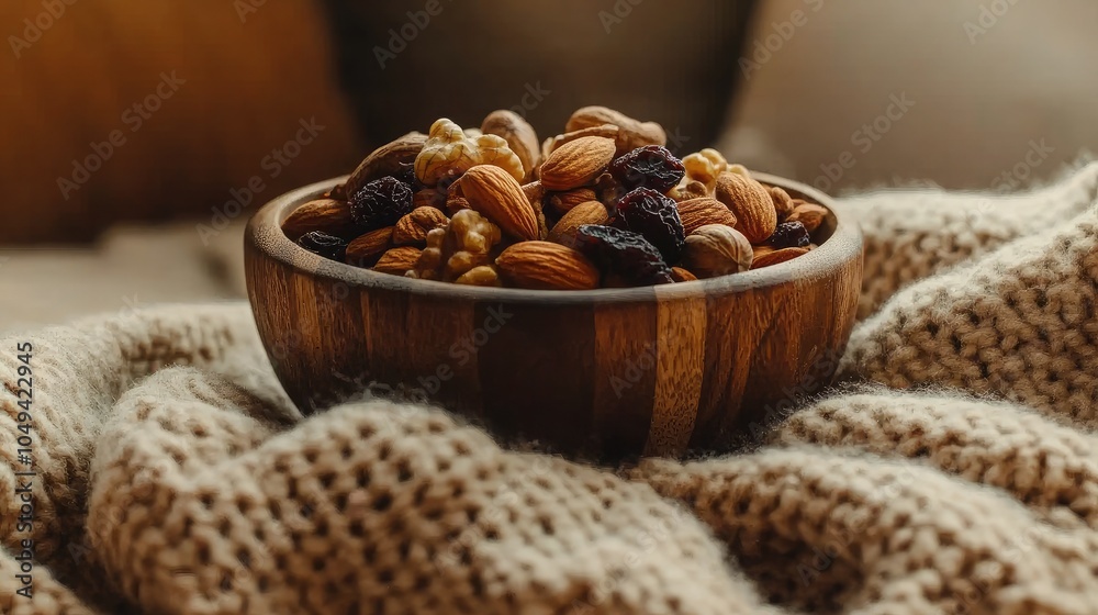 Fototapeta premium Bowl of Nuts and Dried Fruits on Cozy Blanket