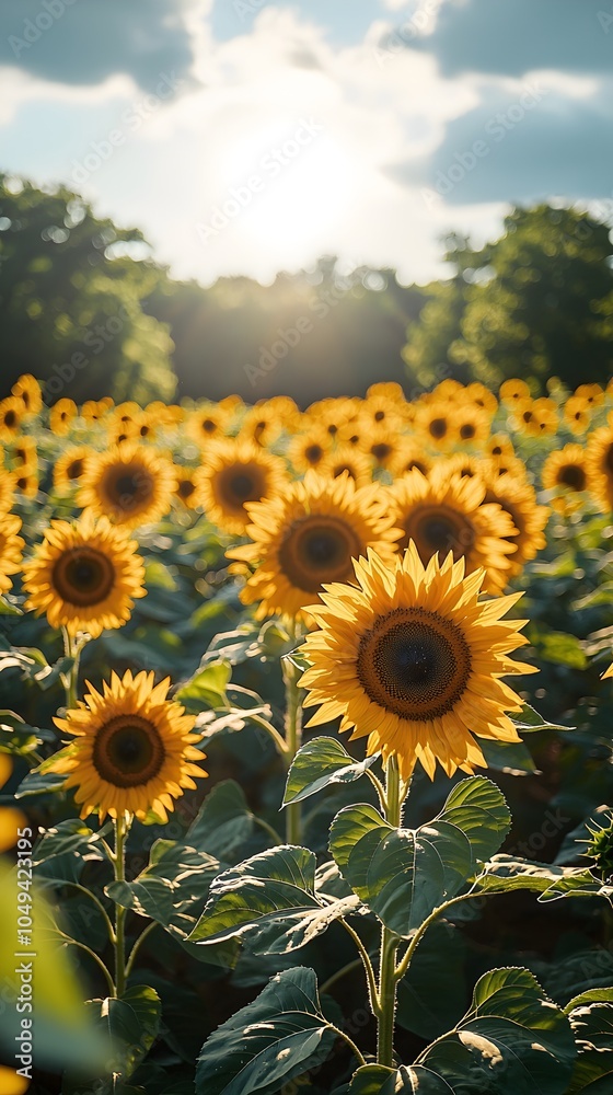 Obraz premium A vibrant field of sunflowers bathed in golden sunlight, creating a cheerful and uplifting atmosphere. The scene captures the beauty of nature in full bloom.