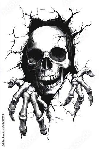 Skeleton break through a white wall. The decoration element for Halloween.