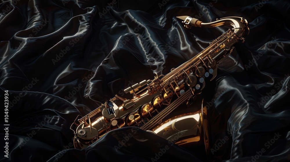 Obraz premium A Golden Saxophone Resting on Black Silk Fabric