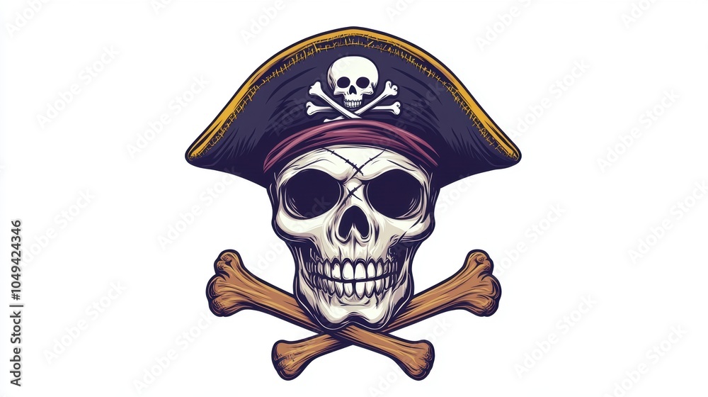 Fototapeta premium Closeup view of skull wearing pirate captain cap with crossing bone. The decoration element for Halloween.