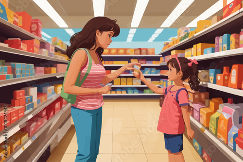 mother with young daughter 7 years old in the supermarket choosing product on the shelf from the 80s
