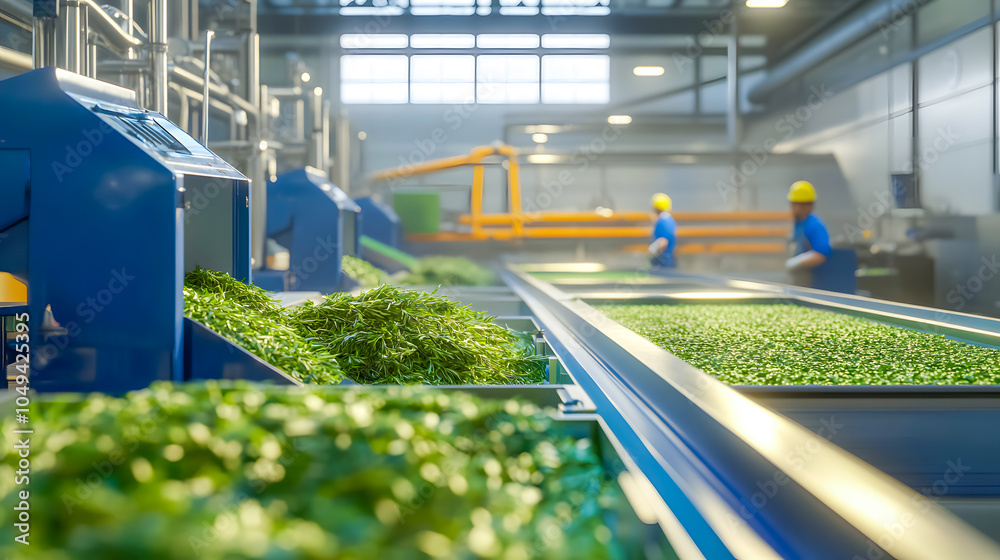 Naklejka premium Efficient processing of fresh greens in a modern industrial facility for sustainable agriculture practices
