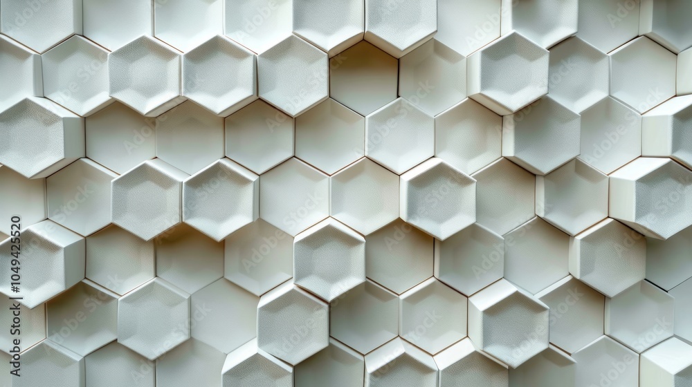 White hexagonal tiles create a 3D pattern on a wall, resembling a honeycomb structure.