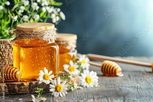 Fresh harvest honey bee in jar with honey dipper, Selective focus jar of honey with daisy on wooden table.