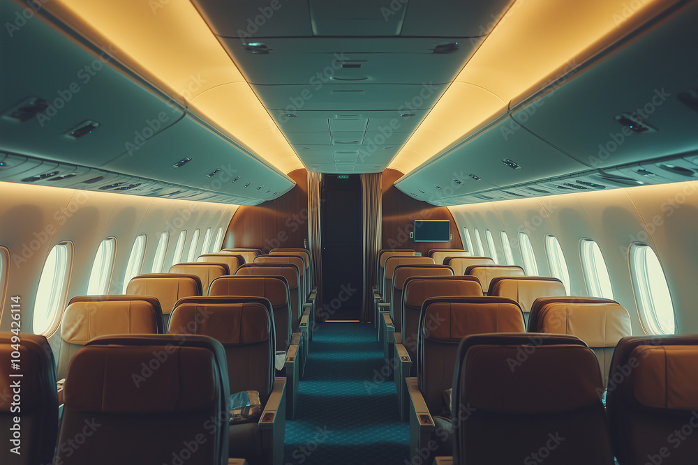 Perspective view of aisle and seat on airplane, Economy class seat couch on airplane. Perspective view of aisle and seat on airplane, Economy class seat couch on airplane.