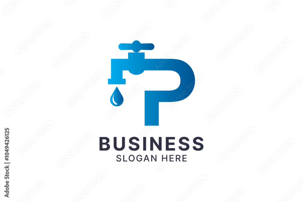 Obraz premium P letter plumbing tap logo vector icon illustration template design with water drop concept.