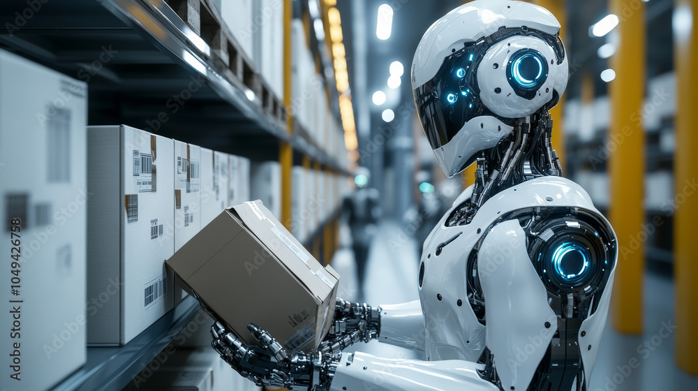 Fototapeta premium Humanoid robots work on the factory production line