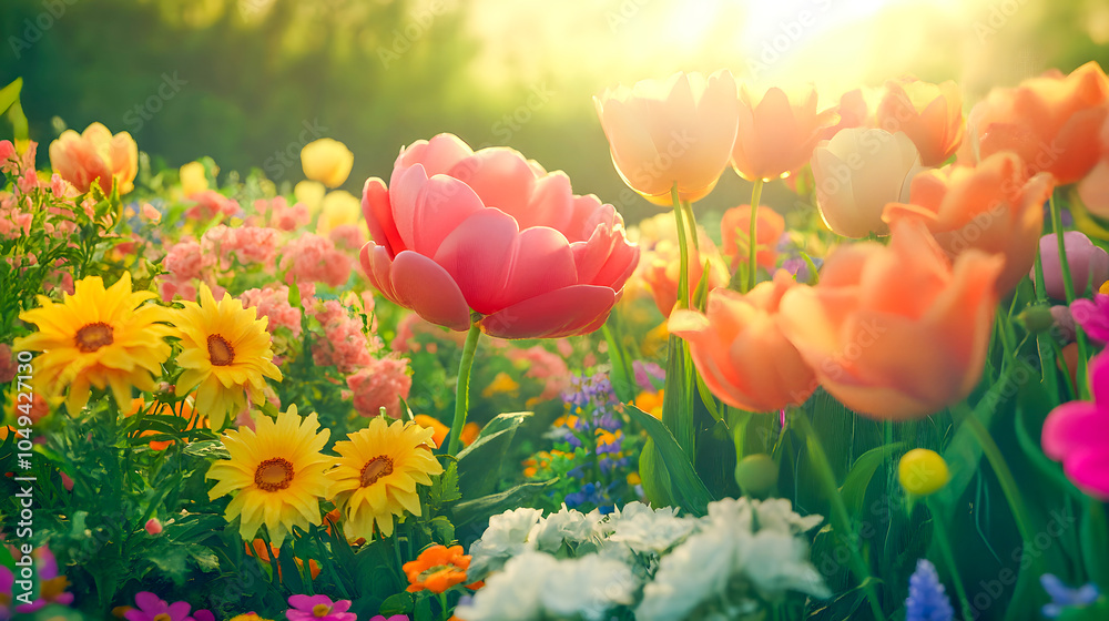 Obraz premium Vibrant spring blooms a captivating display of colorful flowers in nature's garden at sunrise