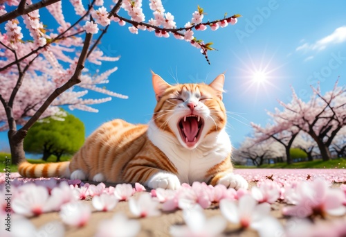 A cat lying down and yawning