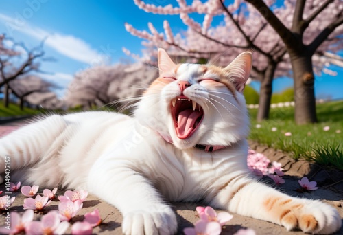A cat lying down and yawning