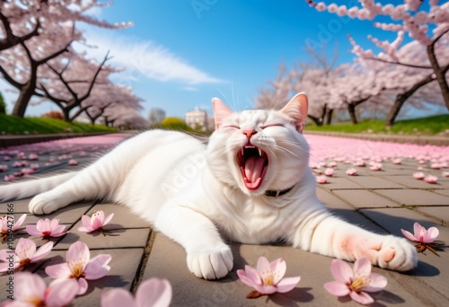 A cat lying down and yawning