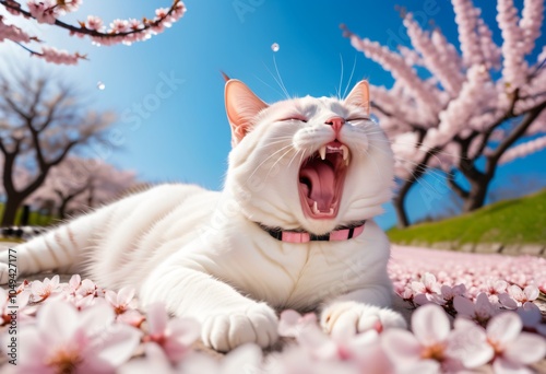 A cat lying down and yawning
