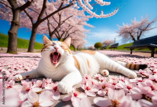 A cat lying down and yawning