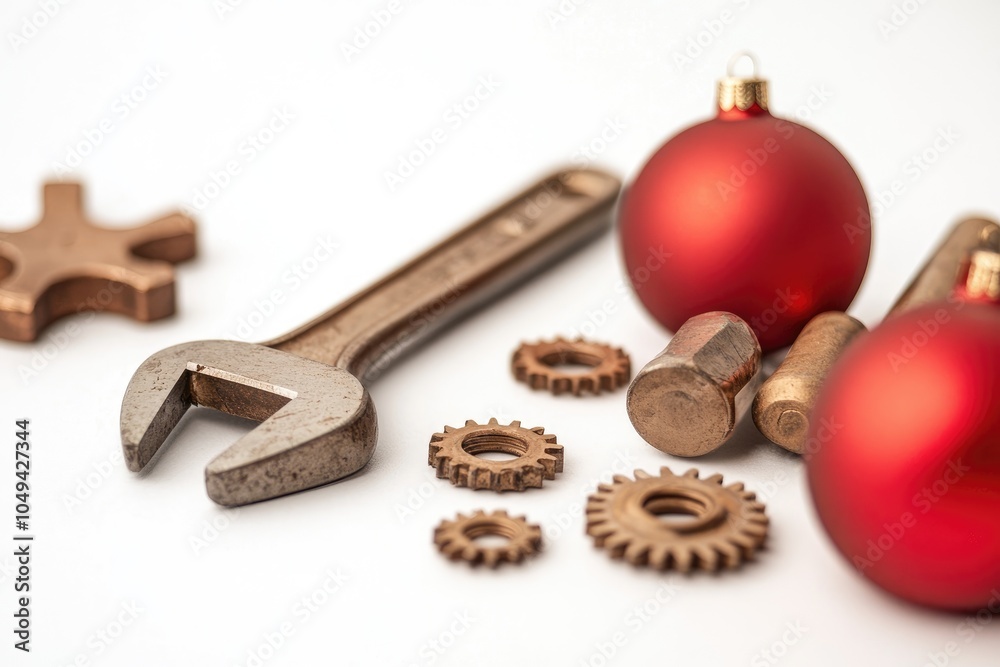 A festive scene featuring a rusty wrench and red ornaments, blending Christmas spirit with mechanical elements. A festive scene featuring a rusty wrench and red ornaments, blending Christmas spirit with mechanical elements.