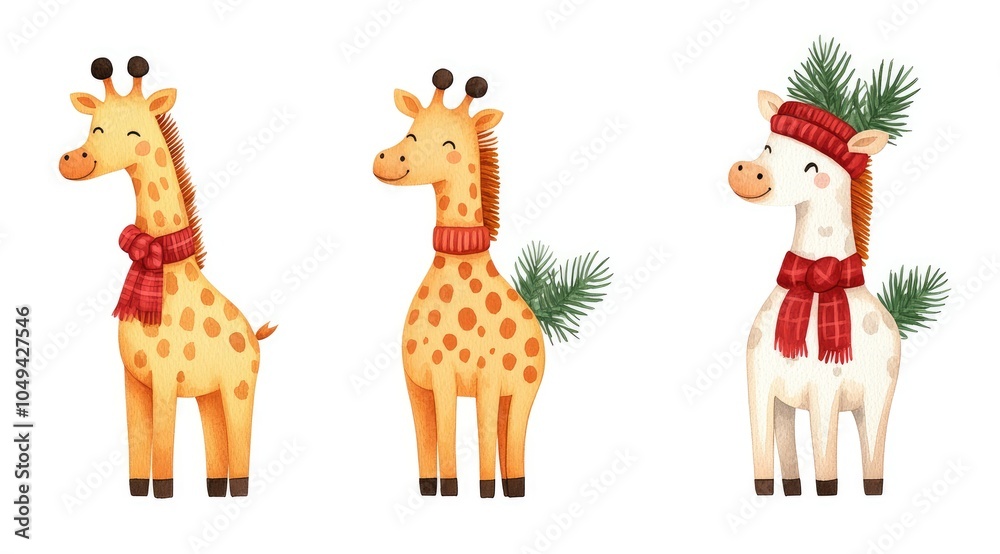 Fototapeta premium Three adorable giraffes, each wearing festive scarves, with one adorned with greenery, perfect for a cheerful holiday theme.