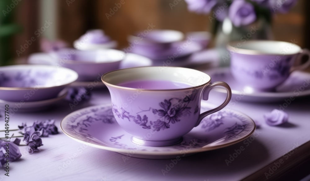 purple tea cups and saucers are sitting on a table