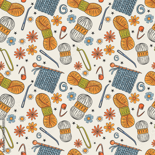 Colorful knitting tools and yarns pattern illustration.