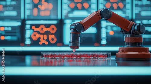 A hightech pharmaceutical laboratory with robotic arms analyzing chemical compounds on glass petri dishes, surrounded by molecular diagrams and holographic data displays photo