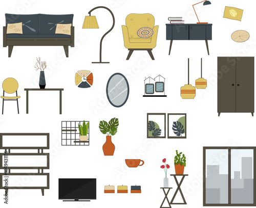 Interior design elements. Living room or bedroom. Sofa, wardrobe, mirror, shelves for personal items. Armchair and floor lamp. Set of items. Vector illustration