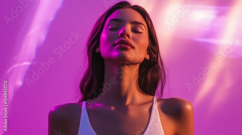 A woman is wearing a white tank top and is looking at the camera
