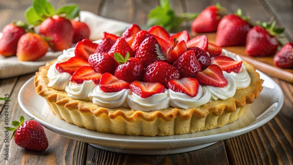 A delectable pastry tart with a flaky crust, topped with a generous layer of whipped cream and adorned with fresh strawberries, creating a visually stunning and flavorful dessert. A delectable pastry tart with a flaky crust, topped with a generous layer of whipped cream and adorned with fresh strawberries, creating a visually stunning and flavorful dessert.