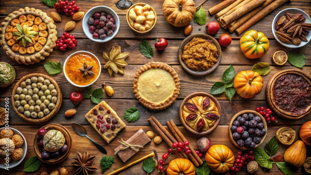 A rustic wooden table adorned with autumnal delights, showcasing an array of pies, pastries, and seasonal fruits, all arranged in a captivating display of fall flavors. A rustic wooden table adorned with autumnal delights, showcasing an array of pies, pastries, and seasonal fruits, all arranged in a captivating display of fall flavors.