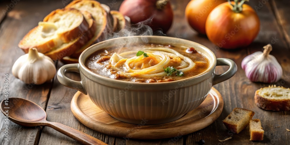 Steaming bowl of soup with croutons, garlic, and a wooden spoon on a rustic wooden table Steaming bowl of soup with croutons, garlic, and a wooden spoon on a rustic wooden table