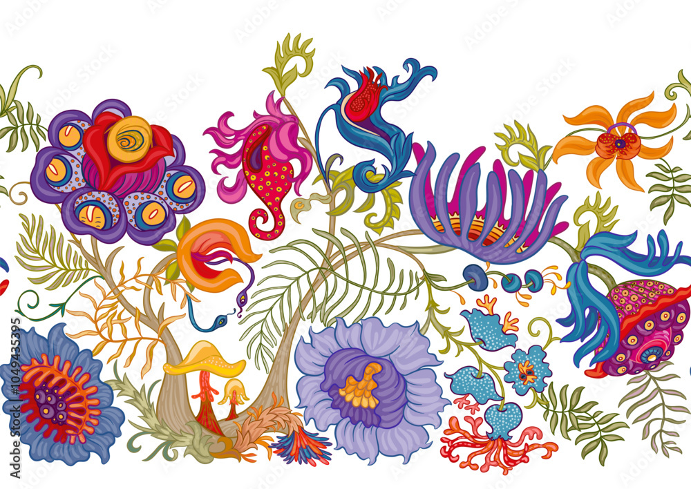 Obraz premium Fantasy, alien hypnotic flowers, decorative flowers and leaves. Cartoon style. Millefleurs trendy floral design. Seamless pattern, background. Outline hand drawing vector illustration.
