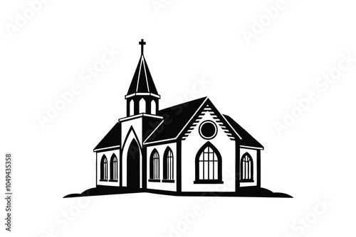 Township with Church Silhouette Vector – Classic Black and White Illustration for Historic and Peaceful Village Design photo