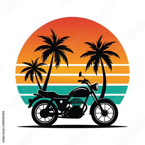 Vibes T-Shirt Design – Vintage Retro Sunset Silhouette with Trees and Motorcycle for Classic Summer Adventure Look photo