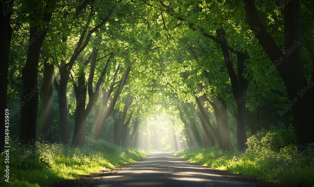 Obraz premium Sunlight beams through a canopy of trees onto a winding road in a lush forest.