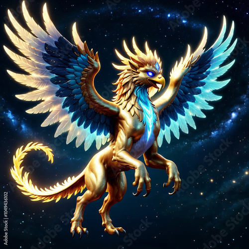 A golden griffin with blue and white feathered wings spreads its wings in flight against a starry night sky background. photo