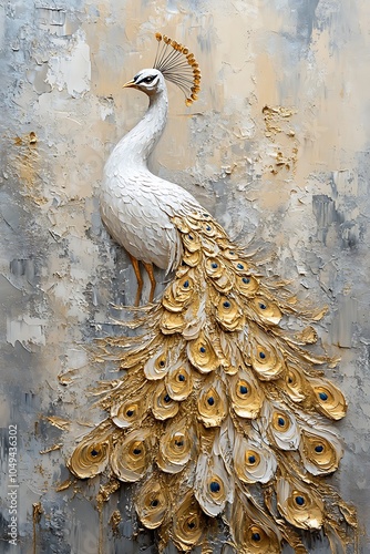 Elegant white peacock with intricate feather design set against a textured gold and gray background capturing timeless beauty and grace in artistry