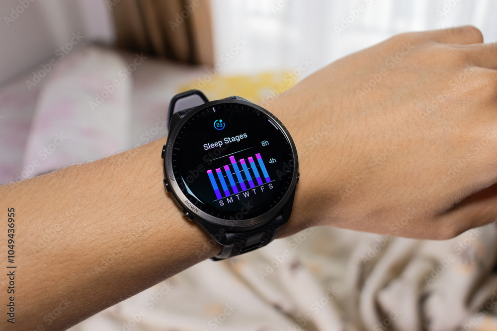 Smartwatch is being used as a sleep tracker with bed in the background. After edits. Smartwatch is being used as a sleep tracker with bed in the background. After edits.