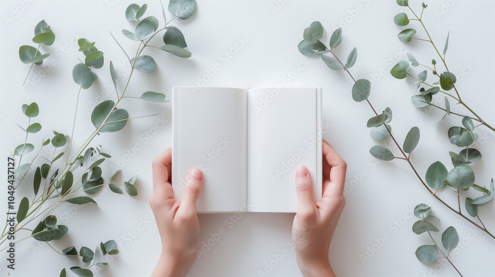 Hands Holding Open Blank Notebook with Eucalyptus Leaves on White Background