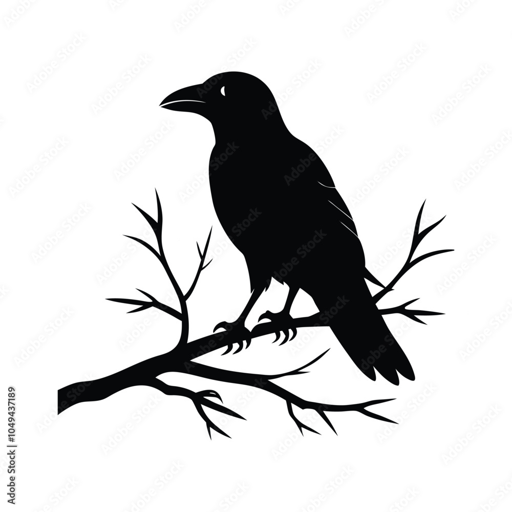 Fototapeta premium Halloween Raven on Branch vector silhouette with white background