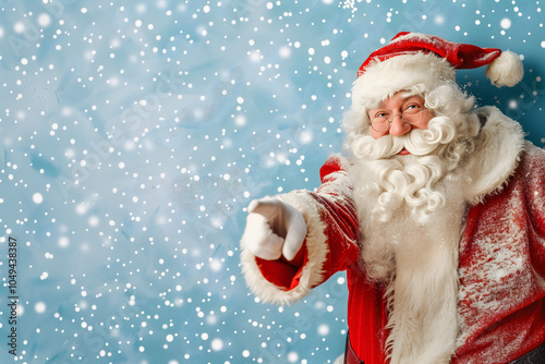 Santa claus pointing finger on empty space. Christmas advertising. Winter christmas background. High quality photo photo