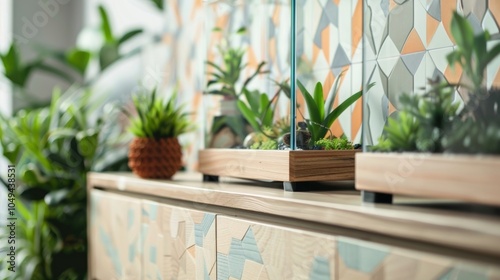 A modern vivarium featuring geometric patterns on the walls and clean lines in the furniture creating a trendy and stylish look. photo