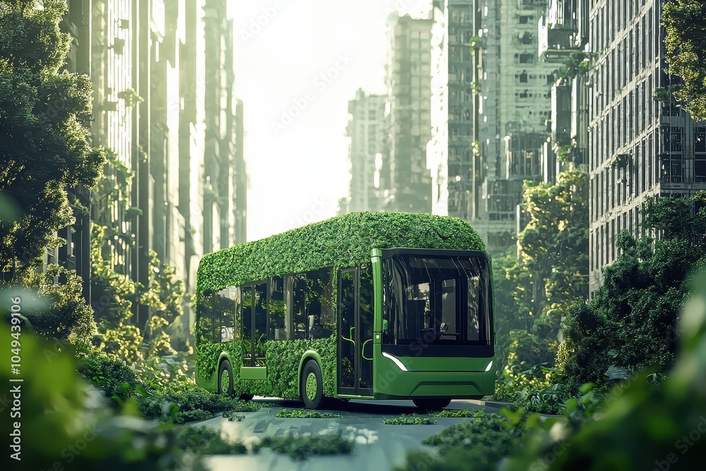 Obraz premium Eco-Friendly Electric Bus in a Green Urban Landscape