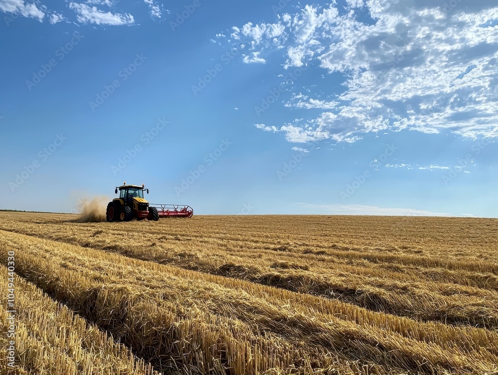 Fototapeta premium Tractor in Golden Hay Field Under Blue Sky