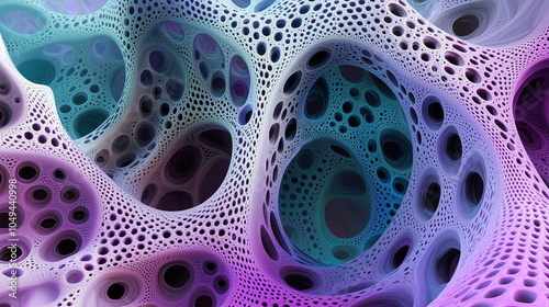 A complex organic mesh with cellular perforations in shades of purple, blue, and green, evoking the futuristic beauty of biomorphic structures, molecular patterns, and abstract digital art