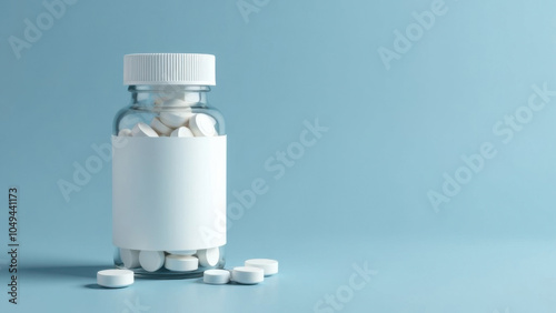 Transparent container filled with white pills on a blue background for health and wellness illustrations