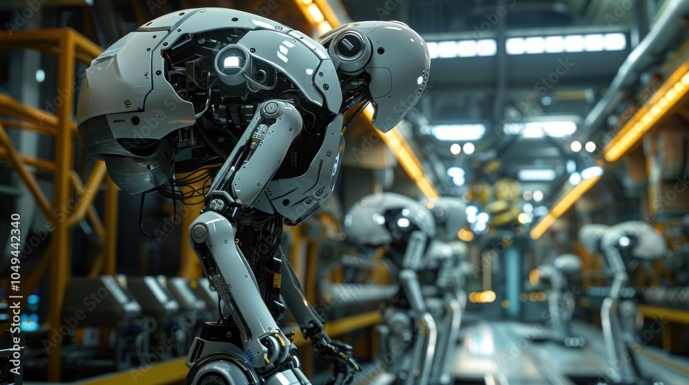A lone white robot with exposed gears, bent over in a futuristic factory setting. A lone white robot with exposed gears, bent over in a futuristic factory setting.